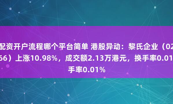 配资开户流程哪个平台简单 港股异动：黎氏企业（02266）上涨10.98%，成交额2.13万港元，换手率0.01%